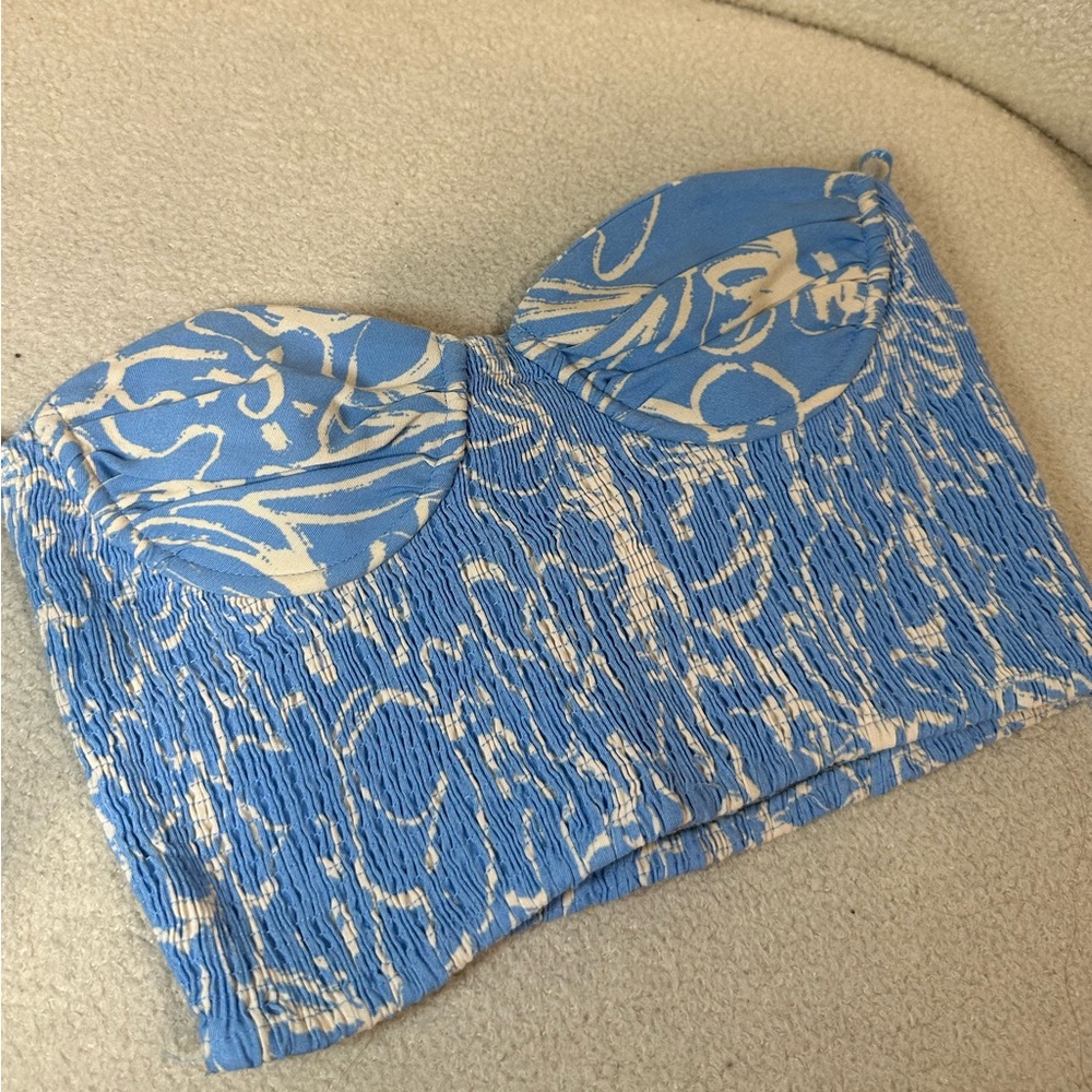 Zara Blue and White Strapless Crop Top